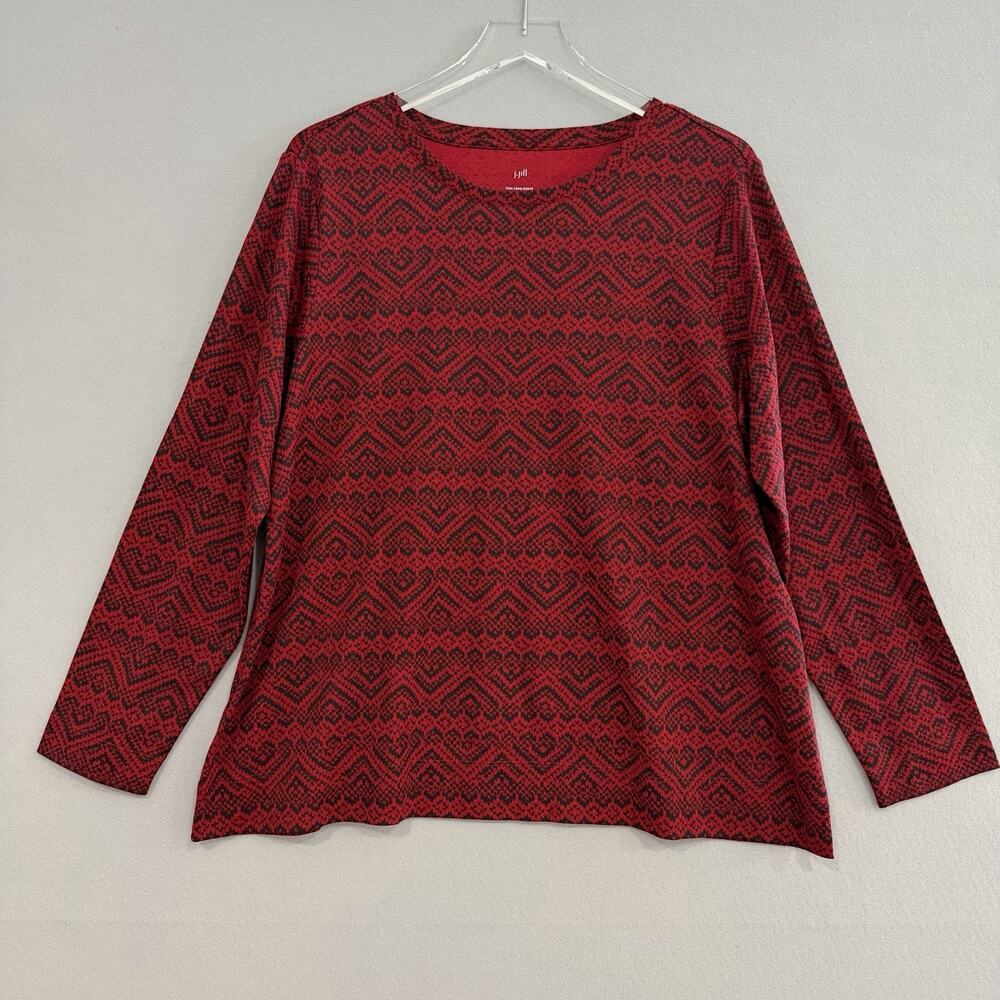 NWT J.Jill Top XL Red Printed Pullover 3/4 Sleeve Pima Cotton Tee T-shirt